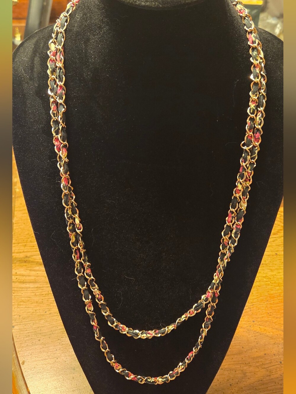Vintage Gold Chain-Link Long Necklace with Fabric Weave